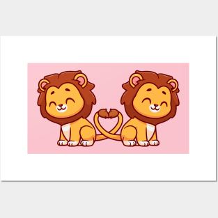 Cute Lion Couple With Love Heart Tail Cartoon Posters and Art